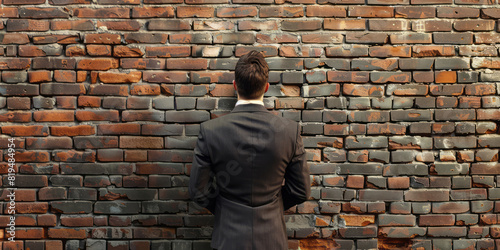 Viewed from behind, a man in a suit stands against a brick wall, looking at an empty space.
