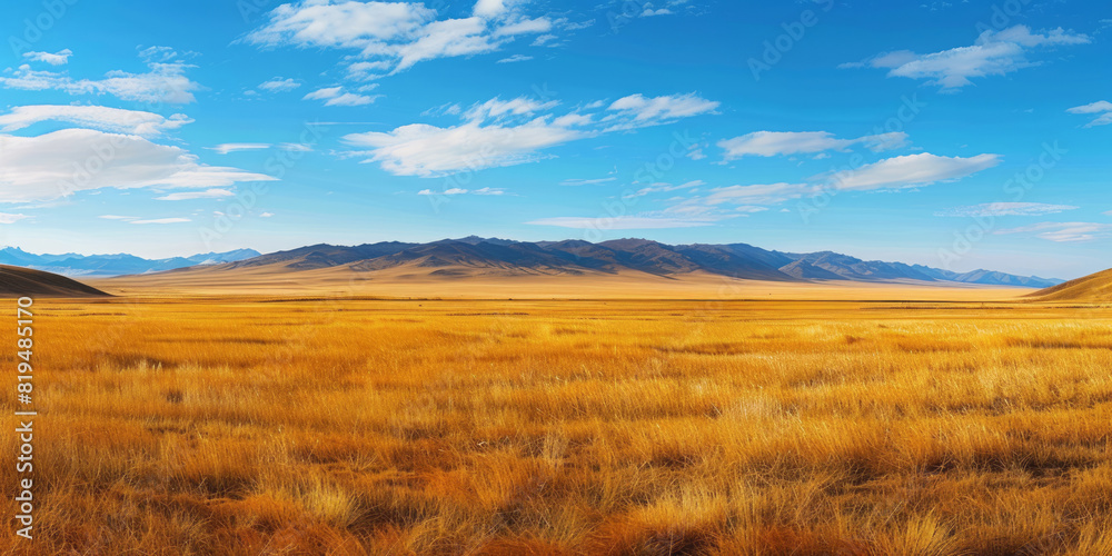A vast expanse of grassland under the blue sky, with distant mountains in the background, is bathed in sunlight, creating a peaceful and serene scene.