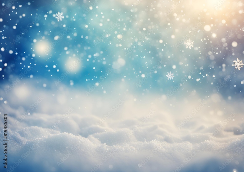 Fototapeta premium Magical Winter Scene_ Snow, Snowflakes, and Soft Bokeh Lights Against a Blue Sky, a Chilly Backdrop for Christmas, Capturing Snowy Stillness in Frosty Weather.