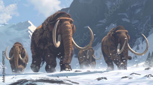 A group of mammoths walk in the snow  set against a backdrop of mountains.