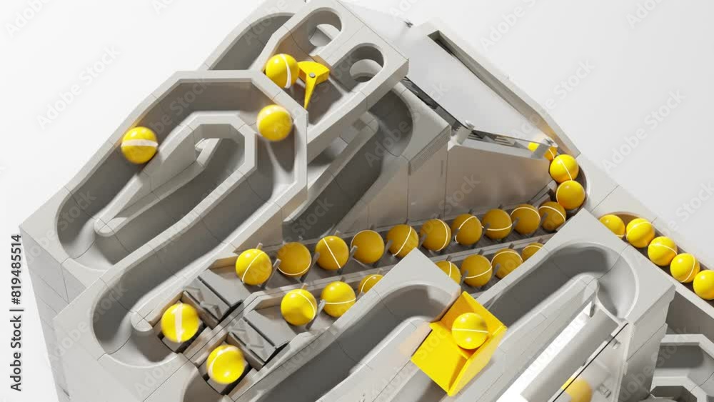 Animation of a marble machine with grey tracks and yellow balls. Grey color rolling ball sculpture with yellow marbles. Retro marble run toy. Animation of a marble machine with grey tracks and yellow balls. Grey color rolling ball sculpture with yellow marbles. Retro marble run toy.