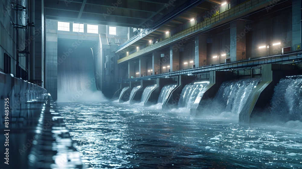 Intricate Hydroelectric Dam Showcasing Sleek Metal Surfaces and Powerful Water Turbines in a Masterpiece