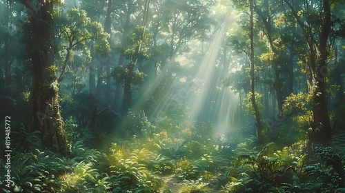 Captivating Verdant Forest Bathed in Ethereal Sunlight Casting Dramatic Shadows on the Lush Undergrowth