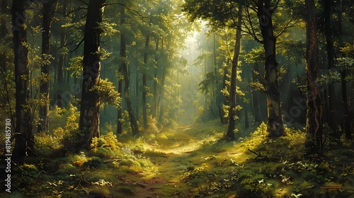 Vast Lush Forest Landscape with Sunlight Filtering Through Canopy and Trailing Path in Verdant Undergrowth