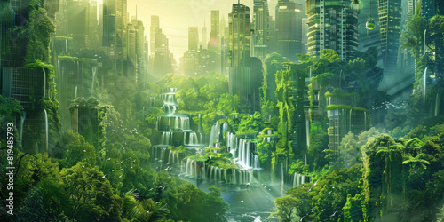 A futuristic cityscape features skyscrapers made of greenery, surrounded by lush forests and sustainable energy sources.