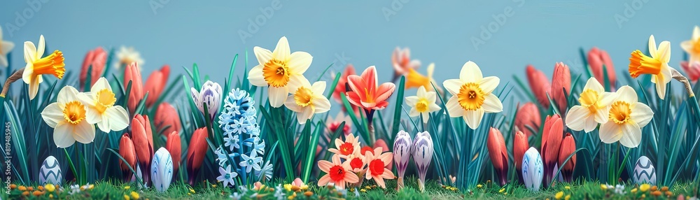 Fototapeta premium Illustration of a garden scene with daffodils, hyacinths, and crocuses blooming for Easter