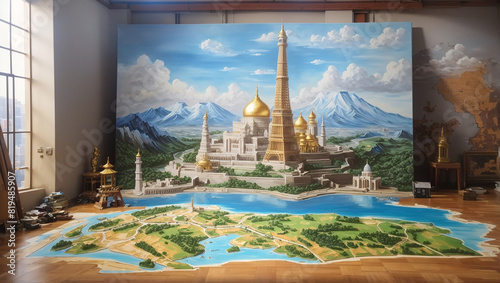  a painting of a fantasy city with a large golden tower and mountains in the background. 