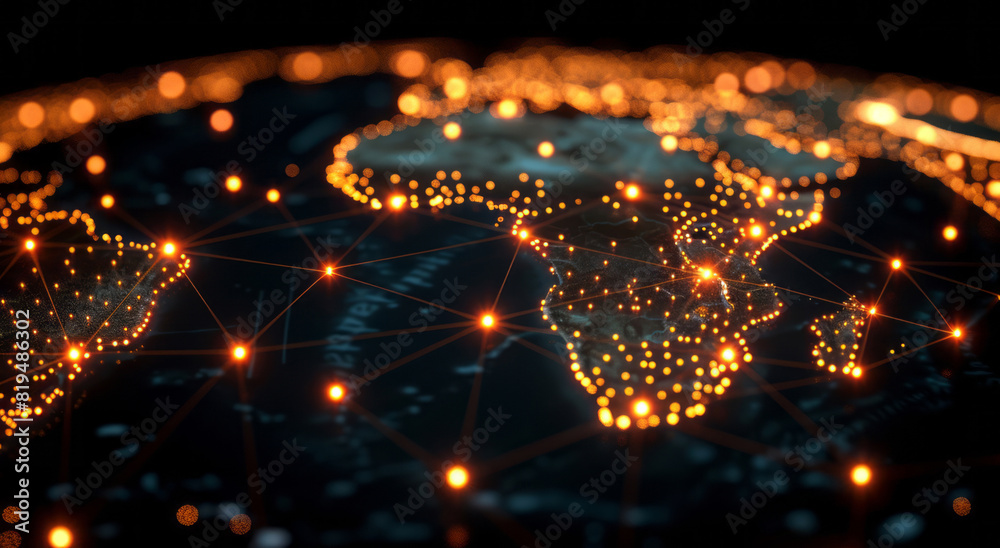 A digital globe highlights global network connections. A digital globe highlights global network connections.