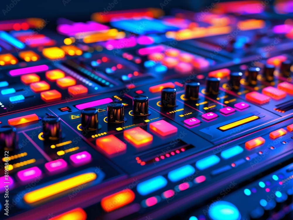 Vibrant close-up of a colorful audio mixer with glowing LED lights, capturing the essence of modern music production technology. Vibrant close-up of a colorful audio mixer with glowing LED lights, capturing the essence of modern music production technology.