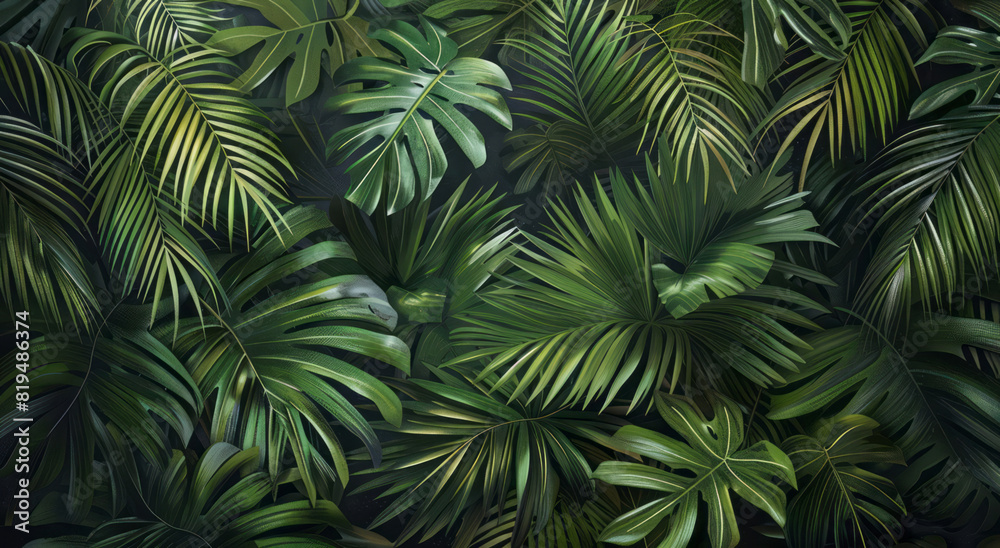 A lush and dense dark green palm tree canopy with vibrant leaves stands against a deep black background.