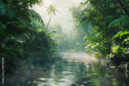 Sunlight filters through the canopy onto a small stream running through a dense jungle with tall trees and lush vegetation.