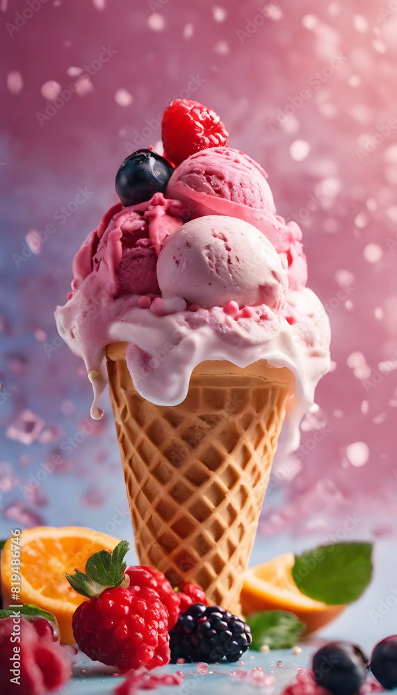 A vibrant ice cream cone with scoops of pink and white ice cream, topped with fresh berries, surrounded by fruits and mint leaves, against a pink and blue background. A vibrant ice cream cone with scoops of pink and white ice cream, topped with fresh berries, surrounded by fruits and mint leaves, against a pink and blue background.