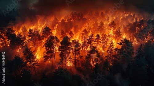 A forest on fire, symbolizing the destructive power of wildfires and the need for fire prevention and management strategies..stock image