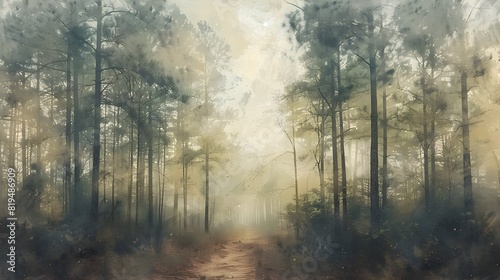 Serene Ethereal Forest Scene Through Eye-Level Perspective with Majestic Aligned Trees and Soft Watercolor Blended Atmosphere © TEERAWAT