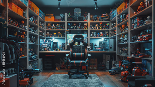 A gaming chair surrounded by shelves filled with action figures.