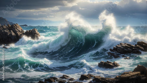 a stormy sea with large waves crashing against a rocky coast.
