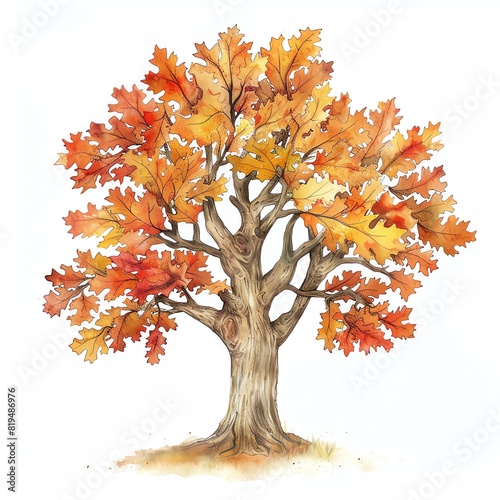 A tall oak tree with a thick trunk and gnarled branches. The leaves are a deep orange and yellow, and they are falling from the tree. The tree is set against a white background.