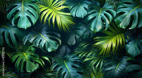 A dark green canopy of many palm tree leaves.