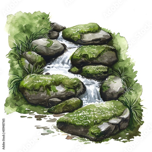 A watercolor painting of a small stream flowing over rocks and moss