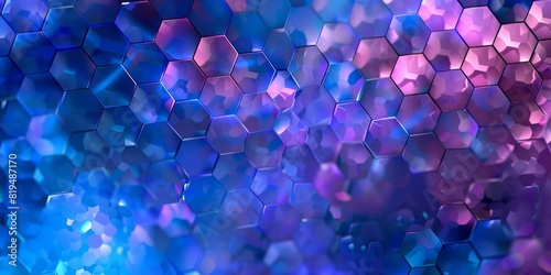 An abstract pattern of blue and purple hexagons creates a unique visual effect on a background.