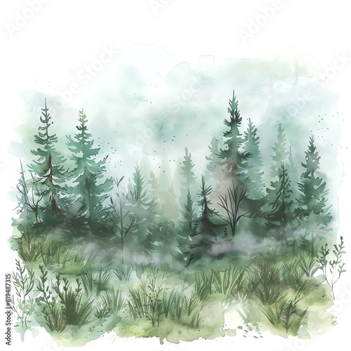 Create a watercolor painting of a misty forest. The foreground should have tall grass and the background should be a dense pine forest.