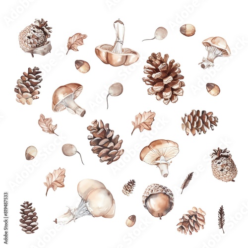 Create a watercolor illustration of a variety of forest mushrooms, pine cones, acorns, and leaves in muted fall colors with a white background.