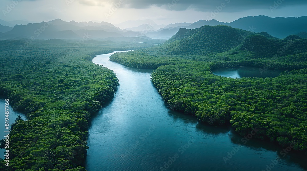 A river flowing through a lush green valley, representing the life-giving force of nature and the importance of preserving waterways..stock photo