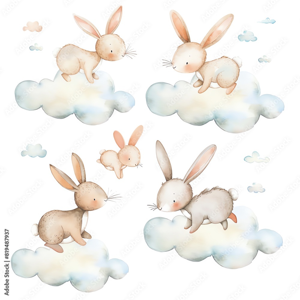 Four cute watercolor bunnies jumping on clouds. Four cute watercolor bunnies jumping on clouds.