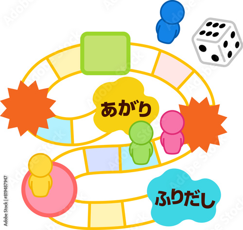 スゴロクの盤面と駒とサイコロ