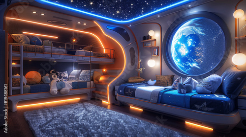 Spaceship bunk bed with starry ceiling and glowing planet decor. © Alishba