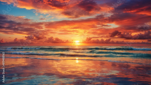  a painting of a sunset over the ocean