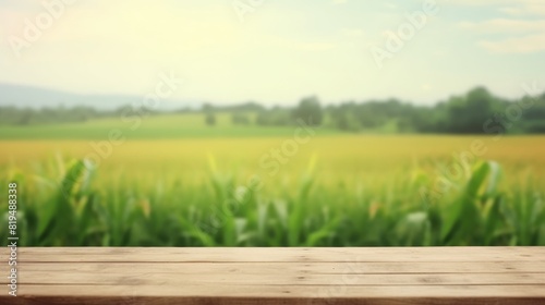 empty wooden table with green field background, in farming display product © FACTORY GRAPHICA 