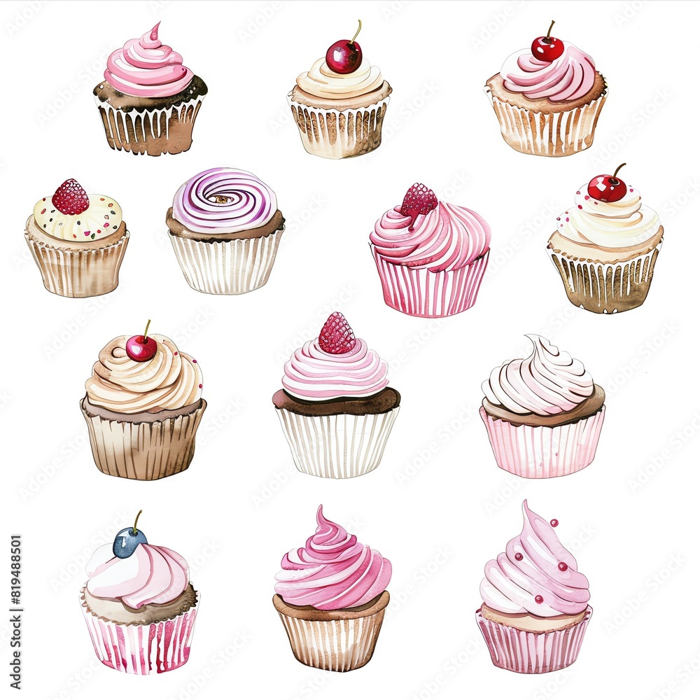 A variety ofwatercolor cupcakes with different toppings. The cupcakes are arranged in a grid pattern. The background is white. A variety ofwatercolor cupcakes with different toppings. The cupcakes are arranged in a grid pattern. The background is white.