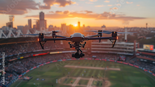 Aerial drone photographing a sports stadium at sunset, showcasing modern technology in live event coverage and breathtaking cityscape views