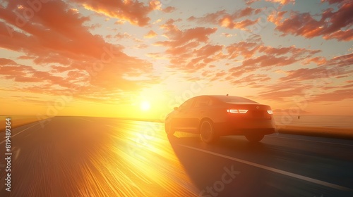 car on the road, 3d car sedan rides on the road to meet the sun, concept 3d render for advertising auto products. generative ai