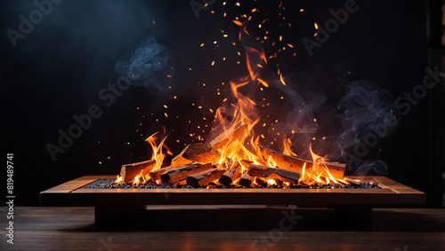 a large bright fire burning in a metal container on a wooden surface.
