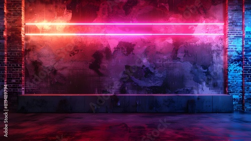 Neon, Brick wall texture pattern, blue, and purple background, an empty dark scene, laser beams, neon, spotlights reflection on the floor, and a studio room with smoke floating up for display products