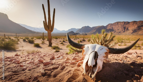 deserto scheletro corna bufalo cactus arido  photo