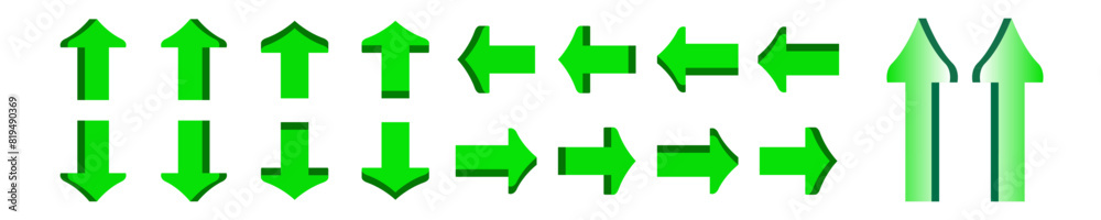 arrows 3d green icon. arrow sign three-dimensional shape with left, right, up, and down direction of true stright symbol. isolated on white background. full curve on head arrows 3d green icon. arrow sign three-dimensional shape with left, right, up, and down direction of true stright symbol. isolated on white background. full curve on head