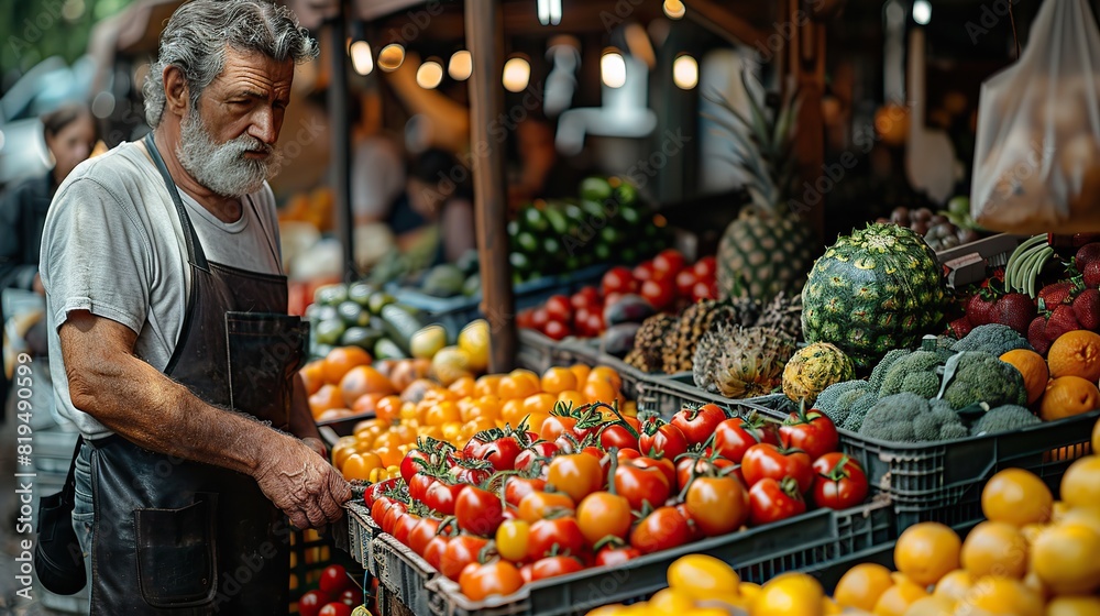An image of a farmers market stand filled with fresh, locally grown produce, promoting sustainable food choices and supporting local farmers..stock image