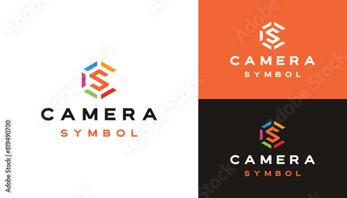 Colorful CS SC Initial Letters with Hexagon Shaped Camera Lens Shutter for Photography Photo Logo Design