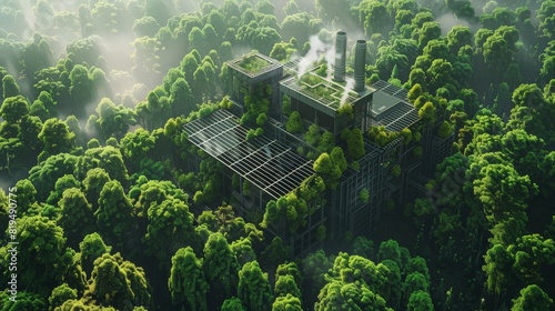 The future of energy: a power plant surrounded by trees, representing sustainable energy practices. This eco power concept emphasizes environmental friendliness and reducing carbon footprints. photo