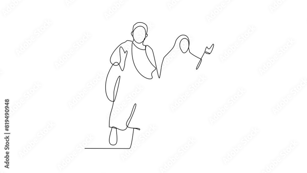 Animated self drawing of a moslem spouse who are performing the Hajj and Umrah in the holy land of Mecca. Worship is carried out in the month of Dzulhijah every year. Islamic design video concept. Animated self drawing of a moslem spouse who are performing the Hajj and Umrah in the holy land of Mecca. Worship is carried out in the month of Dzulhijah every year. Islamic design video concept.