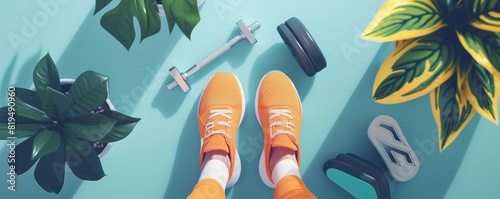 Body and feet workout flat design top view health theme animation Splitcomplementary color scheme photo