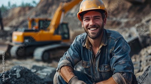 Confident Construction Worker at Modern Industrial Worksite with Heavy Machinery and Nostalgic Vintage Aesthetic photo