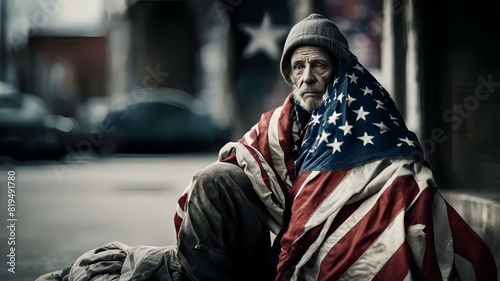 A homeless old man is sitting on the street covered with the flag of America © Юлия Жигирь