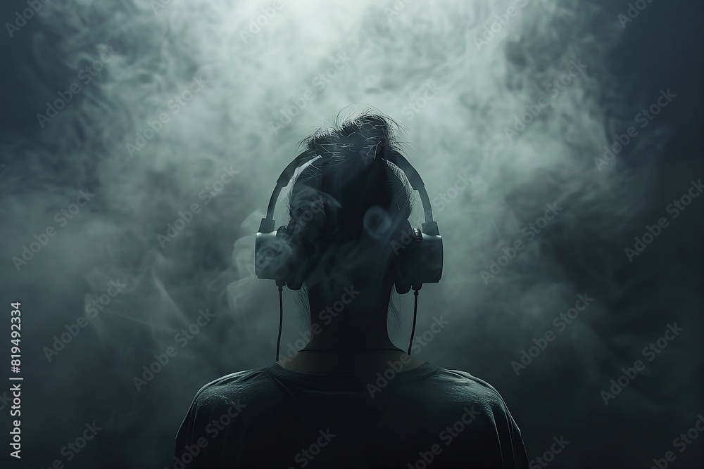 women wearing modern black headphone in a soft dark mist, listening to music, mind relax enjoyable moment women wearing modern black headphone in a soft dark mist, listening to music, mind relax enjoyable moment