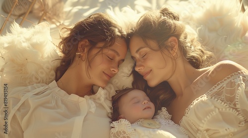 LGBTQ+ parents lovingly caring for their newborn in a cozy nursery, warm sunlight streaming through the window.