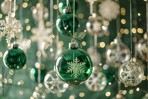 Festive green setting with delicate snowflakes cascading among glass ornaments.