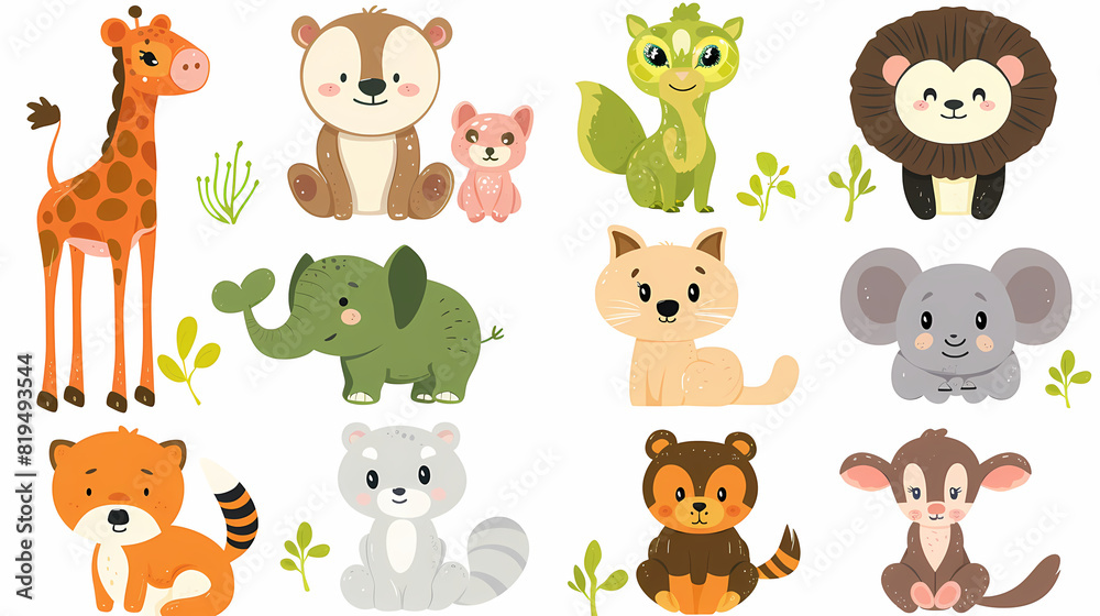 Fototapeta premium A set of cute cartoon animals. Vector flat images of animals for postcards, invitations, textiles, thermal printing